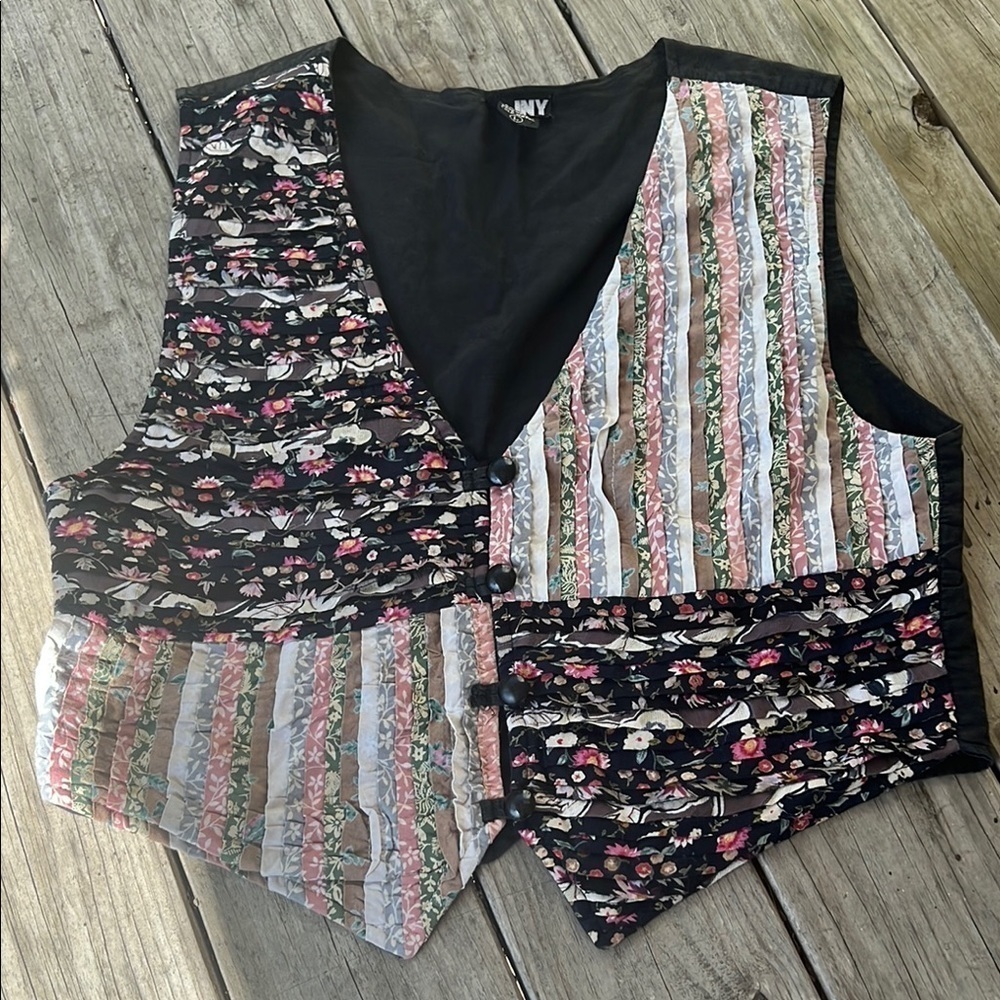 AJNY Patchwork Vest L Vintage Boho Floral Striped Cotton Rayon Button Up